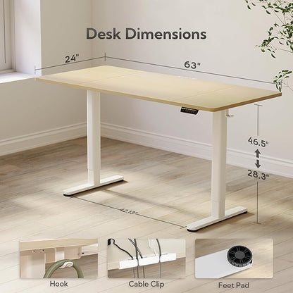 Claiks Electric Standing Desk, Adjustable Height Stand up Desk, 63x24 Inches Sit Stand Home Office Desk with Splice Board, White Frame/Nature Top