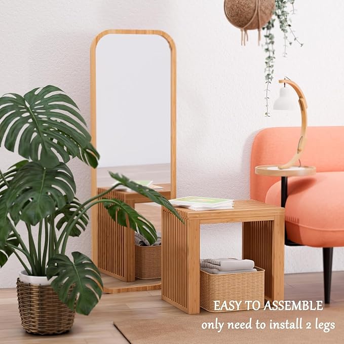 Small Bamboo Dining Bench, 17inch Farmhouse Decor Indoor Kitchen Table Bench, Entryway Shoe Rack Bench, Outdoor Bench, Solid Bamboo Benches for Living Room, Hallway, Bedroom, Bathroom