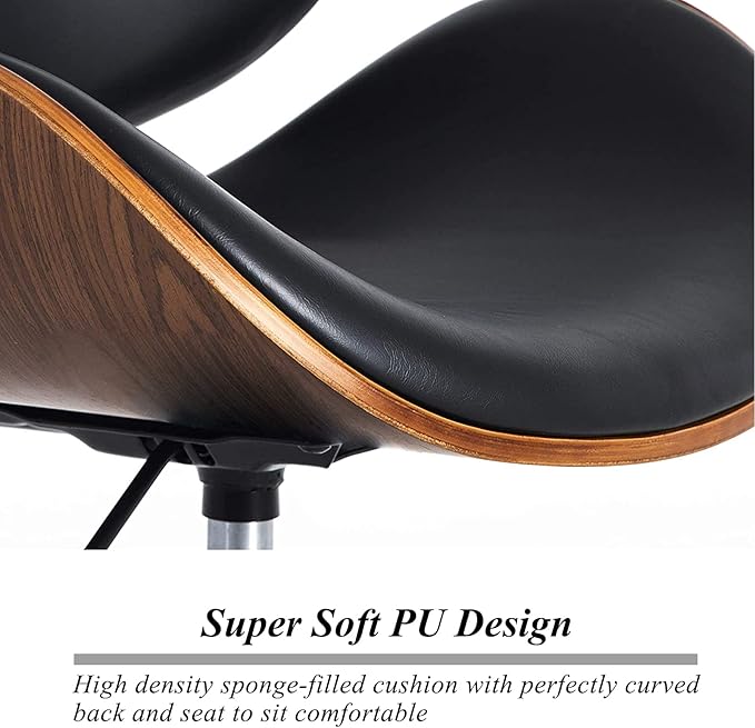 C-CHAIN Adjustable Modern Mid-Century Office Chair with Curved Seat/Back, Swivel Executive Chair, Rolling Computer Chair, Bent Wooden Accent Office Chair for Home and Office