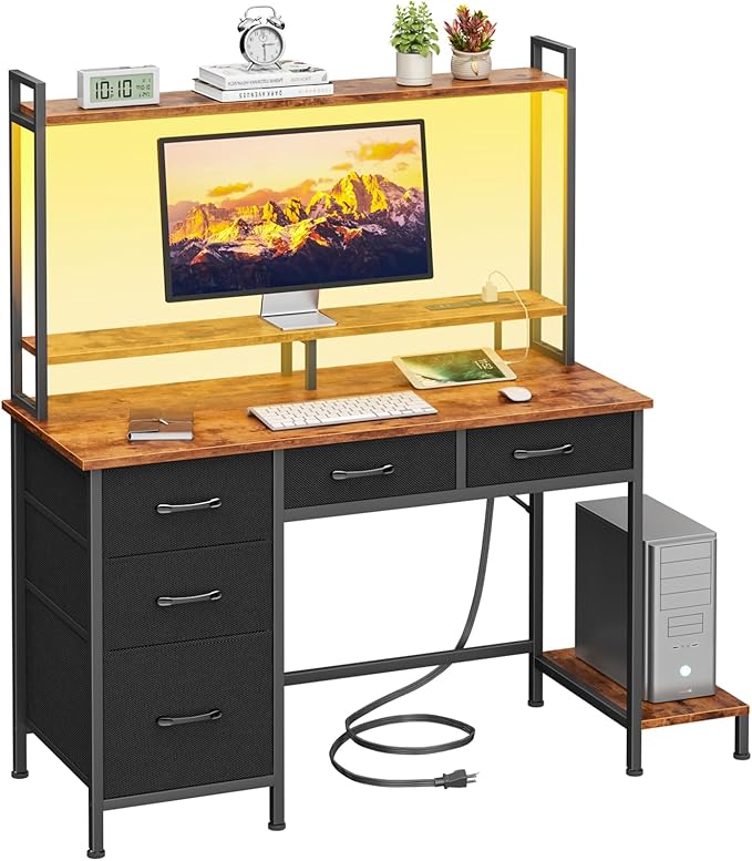 Computer Gaming Desk with Hutch, Home Office Desk with Power Outlets, LED Light, 5 Storage Drawers, 2 Tiers Shelves for Display, 39 Inch Modern Study Writing Table for Bedroom, Rustic Brown