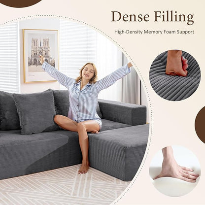 INGEROOM 108" Cloud Sectional Couch with L-Shape Chaise, Modular Sofa Memory Foam, Boneless Sofa with Movable Ottoman, Upholstered Couches for Living Room Bedroom, No Assembly Required, Dark Gray