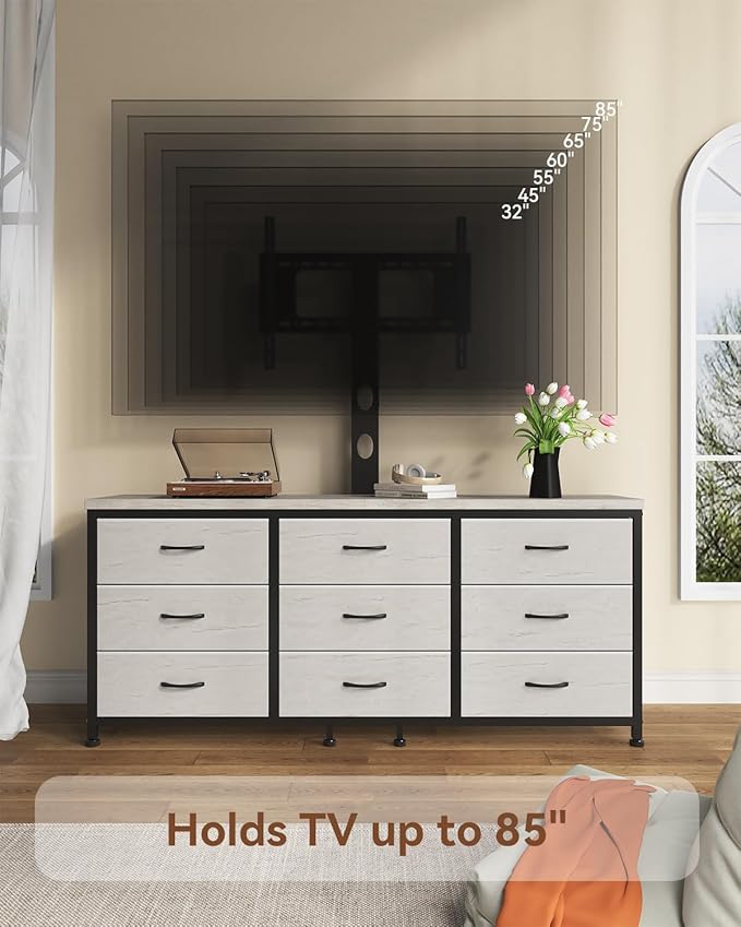 TV Stand with Mount for 32/55/65/75/85 inch TVs, Entertainment Center with 9 Fabric Drawers Dresser Storage, Height Adjustable Media Console
