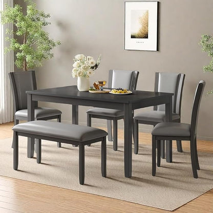 Dining Table Set for 5, 6-Piece Kitchen Table & Chairs Set with Rectangular Table, Bench & 4 Upholstered Chairs, 58'' Dinner Set with Rubber Wood Legs & Curved Backrest for Kitchen, Gray