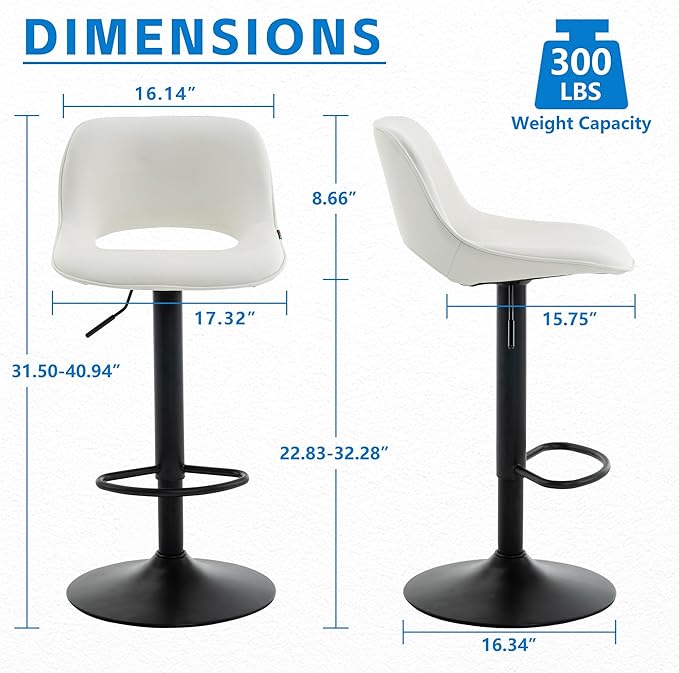 YOUNIKE Bar Stools Set of 2, Adjustable Counter Height Barstools Faux Leather Upholstered Counter Stools with Hollow Back for Kitchen Island, Warm White