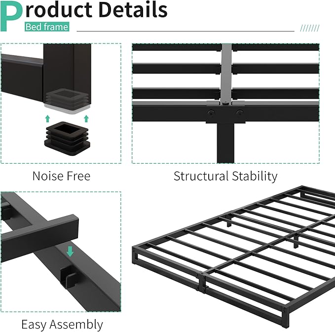 4 Inch King Size Bed Frame Sturdy Mattress Foundation, Heavy Duty Metal Platform with Steel Slats Support No Box Spring Needed, Noise Free, Easy Assembly, Black