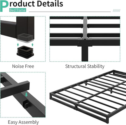 4 Inch King Size Bed Frame Sturdy Mattress Foundation, Heavy Duty Metal Platform with Steel Slats Support No Box Spring Needed, Noise Free, Easy Assembly, Black