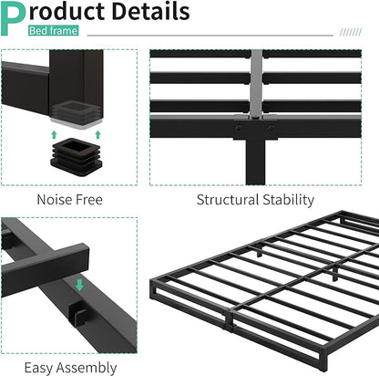 6 Inch Bed Frame Queen Size Heavy Duty Steel Slat Support Metal Platform Queen Bed Frame No Box Spring Needed, Easy Assembly, Black