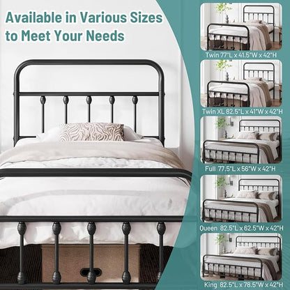 Queen Bed Frame-Classic Metal Platform Bed Frame Mattress Foundation with Victorian Style Iron-Art Headboard/Footboard/Under Bed Storage/No Box Spring Needed/Black