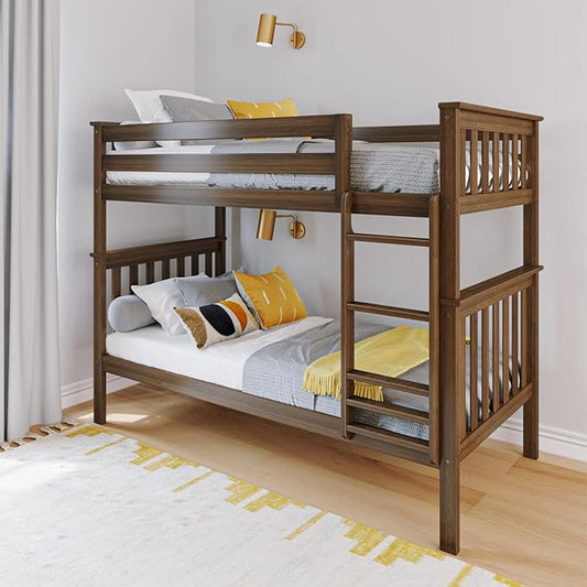 Max & Lily Bunk Bed Twin over Twin, Solid Wood Bunk Bed Frame with Ladder for Kids, 14" Safety Guardrails, Easy Assembly, No Box Spring Needed, Walnut