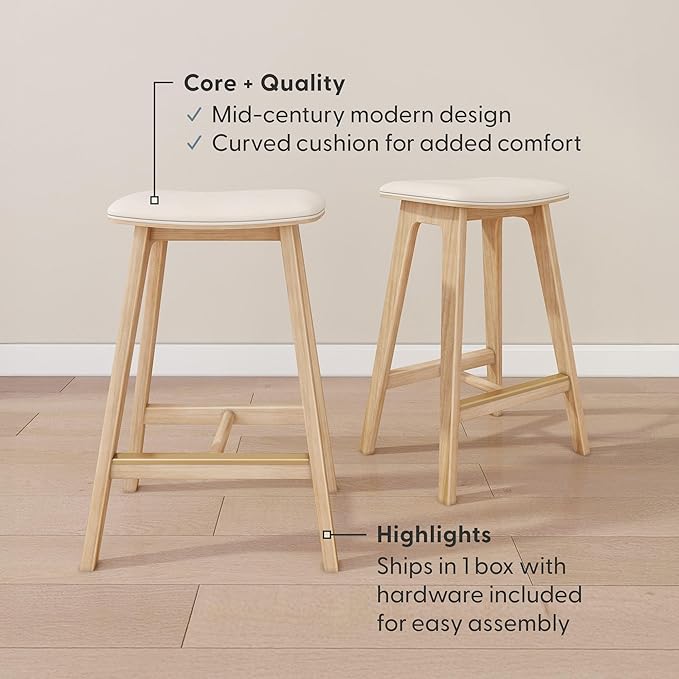 Plank+Beam Beryl Counter Height Stool - Mid-Century Modern Rubberwood Bar Stool with Faux Leather Seat, Metal Footrest, Easy Assembly, 2-Pack, Blonde/Sesame