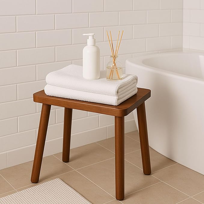 13.4inch Wooden Step Stool for Adults,Small Wooden Stool with Non-Slip Feet,Removable Plant Stand,Compact Square Design for Bedroom Office Bathroom Garden(Brown, Large)