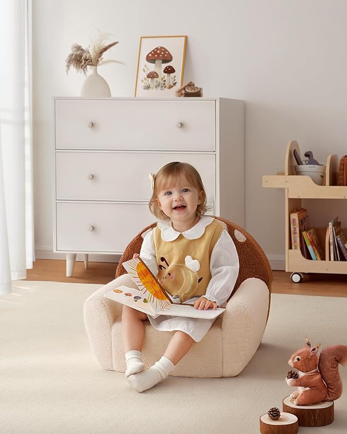 Blissful Diary Toddler Chair Comfy, Foam Kids Chair with Soft Teddy Plush, Toddler Reading Armchair with Cute Mushroom Designs- Brown