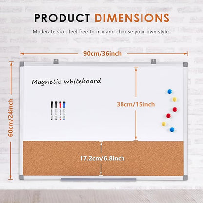 S SWANCROWN Magnetic Dry Erase and Cork Board Combo Hanging Whiteboard Notice Board for Wall Gift Home School Office, 36 x 24 Inches, with Maker/Pins/PenTray/Hooks