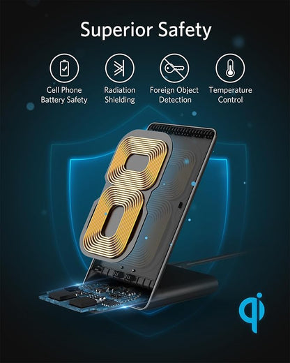 Anker 313 Wireless Charger (Stand), Qi-Certified for iPhone 17/17/17 Pro/17 Pro Max/15/14/13, 10W Fast-Charging Galaxy S23 S22 S21(No AC Adapter)