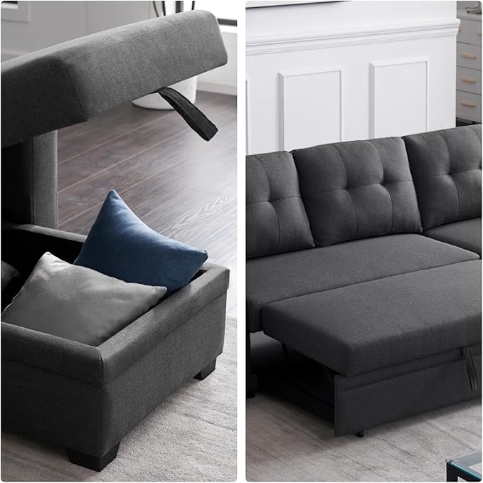 L-Shape Sofa Bed, 82" Sectional Couch with Storage Chaise, Pull Out Sleeper Sofa with Removable Back Cushions, Convertible Corner Couch for Living Room Apartment, Dark Gray