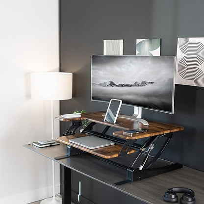 VIVO 36 inch Height Adjustable Stand Up Desk Converter, V Series, Quick Sit to Stand Tabletop Dual Monitor Riser Workstation, Rustic Vintage Brown Top, Black Frame, DESK-V000VN