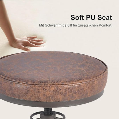 American Antique Steampunk Bar Stool 24.41"-28.35" Vintage Industrial Adjustable Swivel Backless Counter Stool for Home, Dining, Breakfast, Pub, (Heavy Duty Metal & Faux Leather, Brown & Maroon Top)