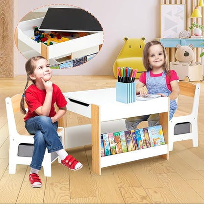 Asweets Kids Table and Chair Set,4 in 1 Toddler Desk with Storage Drawer,Wooden Activity Table for 2 in 1 Detachable Tabletop,Bookshelf,Suitable for Classroom,Home,Nursery,Playroom (Pure White)