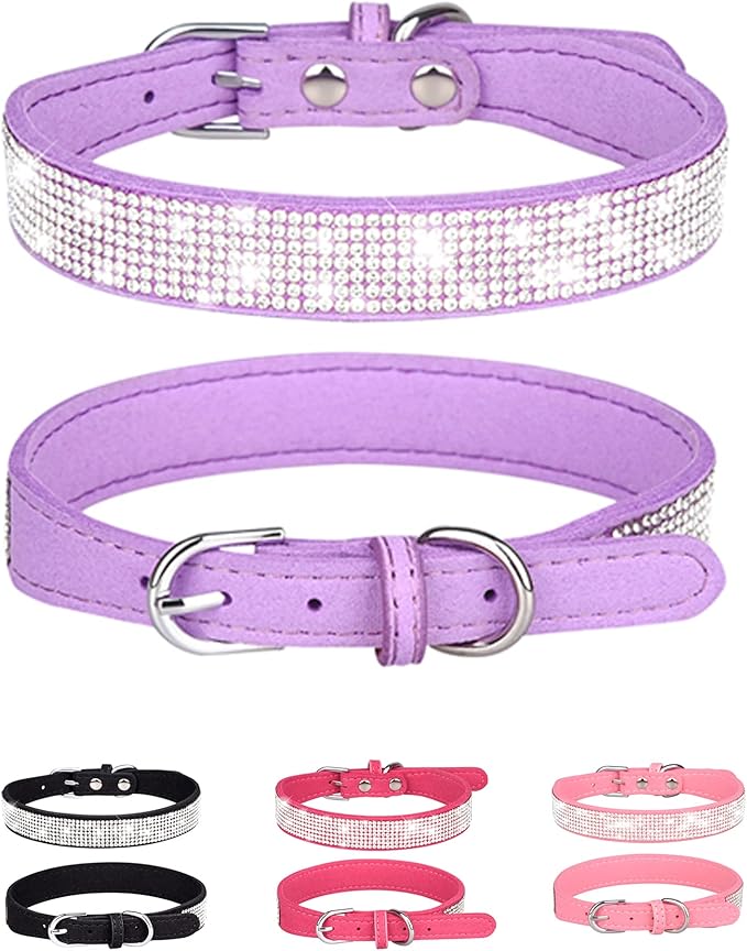 Dog Collar for Medium Dogs, Adjustable Leather Suede Bling Dog Collars，Rose Red Dog Collar Cat Collar, Rhinestone Dog Collar (M, Purple)