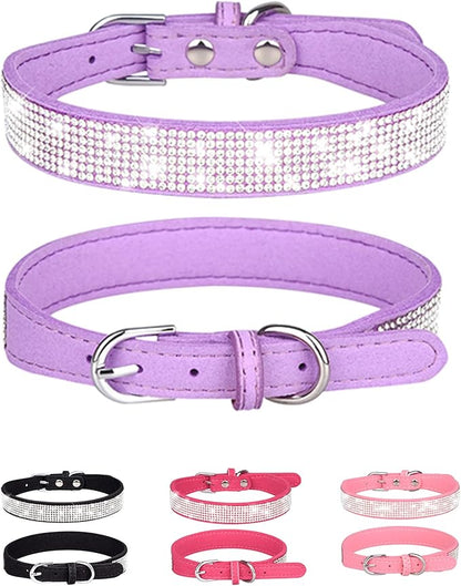 Dog Collar for Small Dogs, Adjustable Leather Suede Bling Dog Collars，Purple Dog Collar Cat Collar, Rhinestone Dog Collar (XS, Purple)