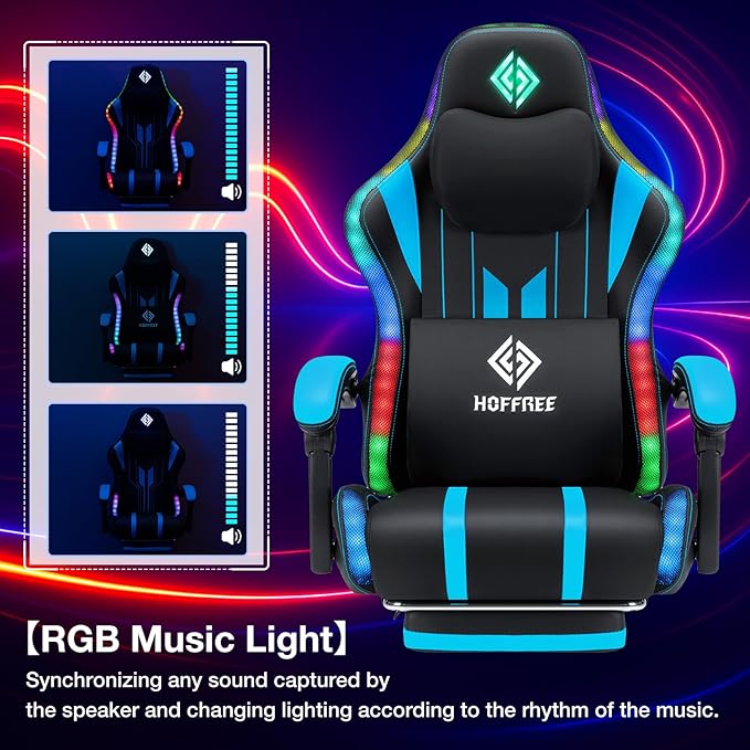 HOFFREE Gaming Chair with Music Rhythm RGB LED Lights and Bluetooth Speakers Ergonomic Massage Computer Gaming Chair with Footrest Video Game Chair High Back with Lumbar Support Blue and Black