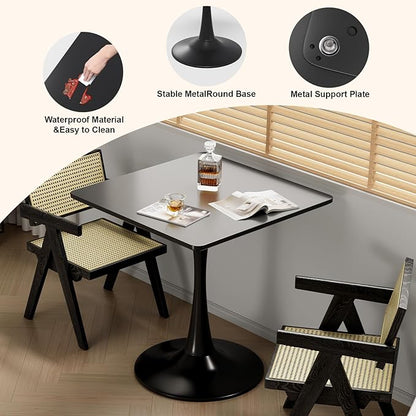 24" Black Tulip Table for Kitchen, Small Square Dining Table for 2 Person, Mid Century Modern Tables with Sturdy Metal Pedestal Base for Living Room, Cafe, Office, Pub, Bar, Bistro