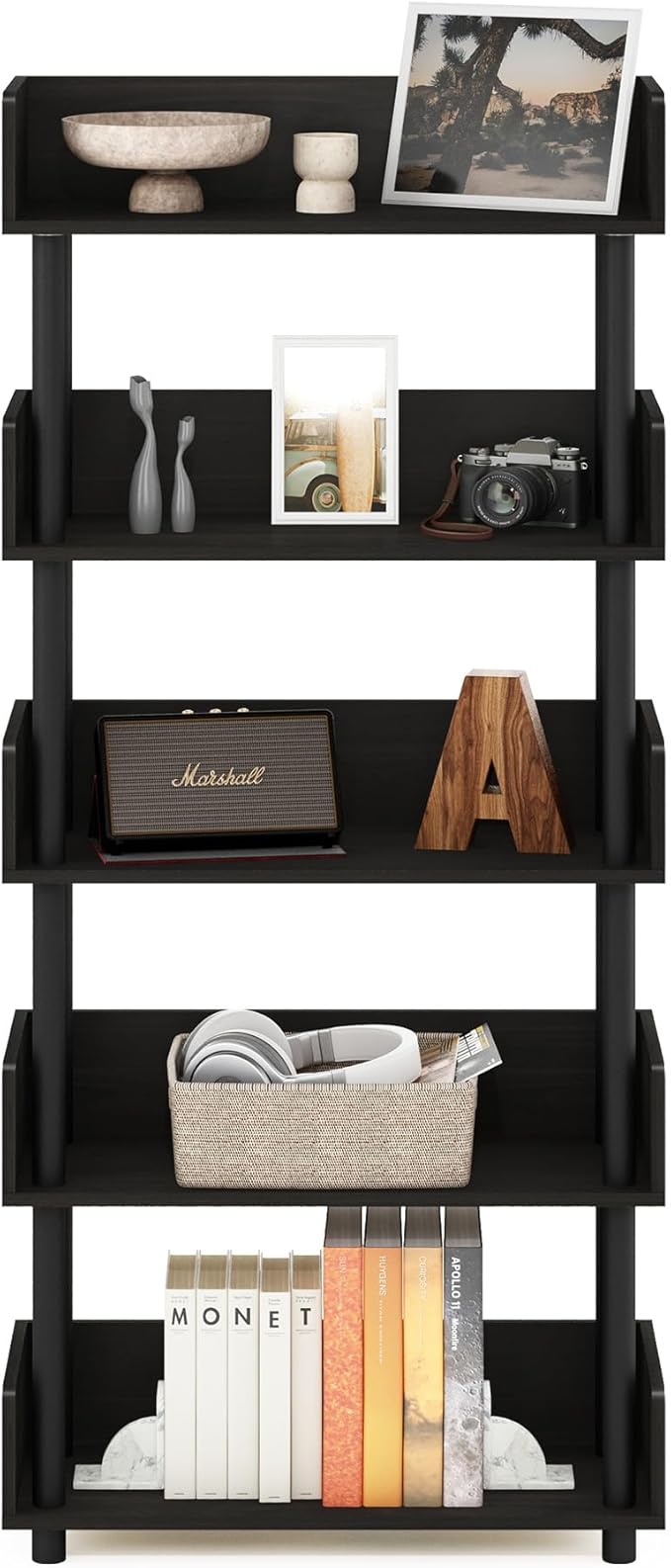 Furinno TURN-N-TUBE 5-Tier Display Shelf, Storage Shelves, Book Shelf, Open Shelves with Rounded Corner Top Edges, for Organization and Storage, Living Room, Home Office, Espresso