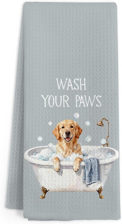 Funny Golden Retriever Hand Towels for Bathroom, Dog Lovers Gifts Hand Towels, Wash Your Paws Dish Tea Towel for Kitchen Bathroom Decor, Golden Retriever Gifts for Women Men, 16x24 Inch