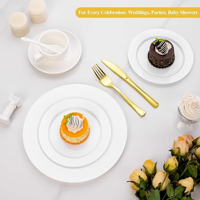 Goodluck 200PCS White Plastic Plates, Heavy Duty Disposable Plates with 100 10.25 inch Dinner Plates and 100 7.5 inch Dessert Plates for Party, Holiday, Wedding, Thanksgiving