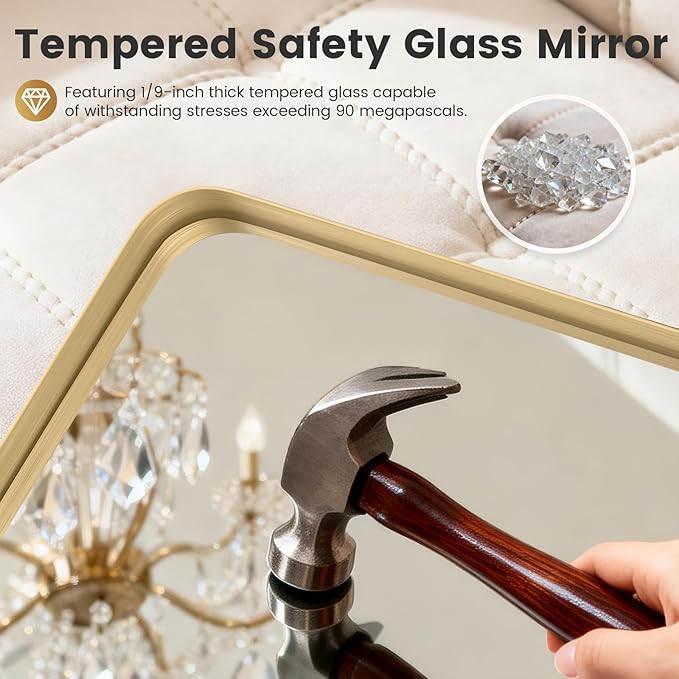 24X30 Inch Gold Metal Framed Bathroom Mirror for Wall, Gold Rounded Rectangle Mirror, Brushed Gold Bathroom Vanity Mirror Farmhouse, Anti-Rust, Tempered Glass, Hangs Horizontally or Vertically
