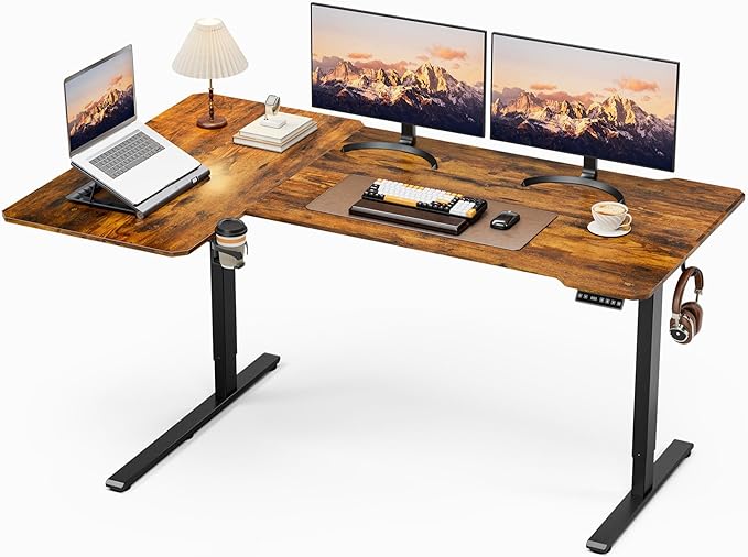 71 Inch L Shaped Standing Desk Adjustable Height, Electric Corner Standing Desk, Sit Stand Computer Table with Reversiable Splice Board, Rustic Brown