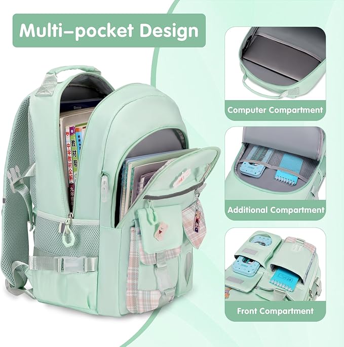 Backpack for Girls - Bookbag Backpacks Schoolbag for Girls Kids Teen Women Casual Travel Daypacks - School Bag Elementary Middle School College Cute Backpack with Lunch Box (Green)