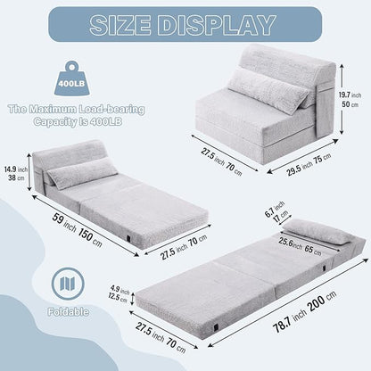 Tiita Convertible Folding Sofa Bed Single Size for Adults with Pillow, Plush Fabric Floor Mattress Couch Bed, Washable Cover & Side Pocket, Guest Room, Dorm, Apartment, Living Room, White Gray