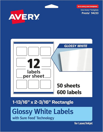 Avery Glossy White Rectangle Labels, Sure Feed Technology, 1-13/16" x 2-3/16", 600 Glossy White Labels, Print-to-The-Edge, Permanent Adhesive, Laser/Inkjet Printable
