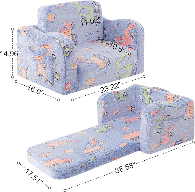 Toddler Chair and Couch, 2 -in-1 Toddler Couch Fold Out, Convertible Chairs for Toddlers Comfy Sofa to Lounger with Glow in The Dark Feature, Soft for Girls and Boys