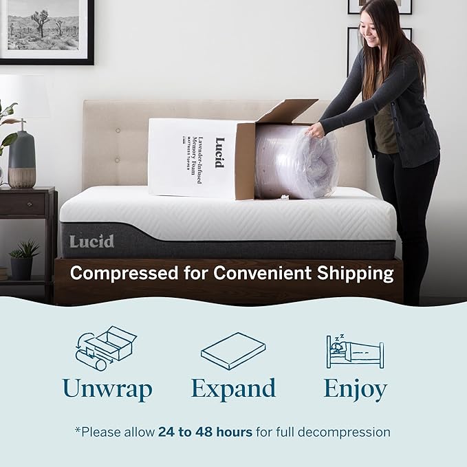 Lucid 2 Inch Lavender Infused Memory Foam Mattress Topper - Ventilated Design – Pressure Relieving Bed Topper - Mattress Pad – CertiPur Certified - Twin XL Size