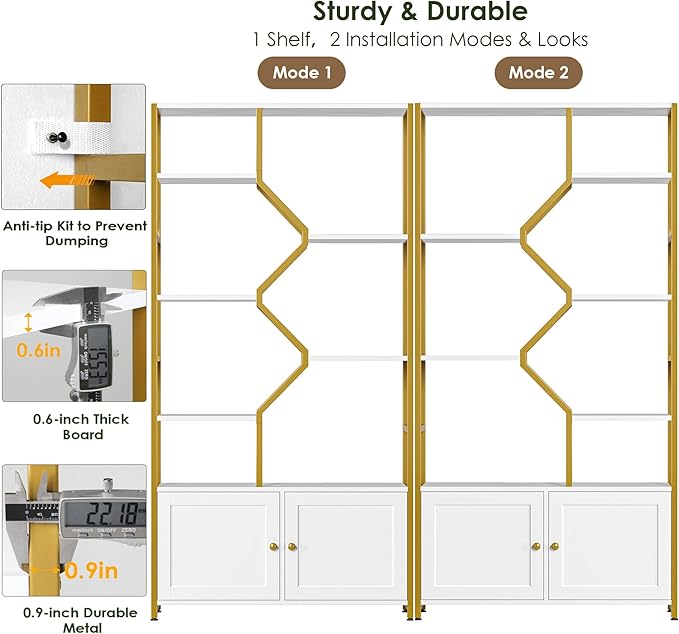 Keyluv 76" Tall Gold Bookshelf with Cabinet Storage, Multifunctional Open Display Bookcase with Door, Large Book Shelf Organizer for Living Room, Home, Office, Heavy Duty Metal & Wood, Modern White