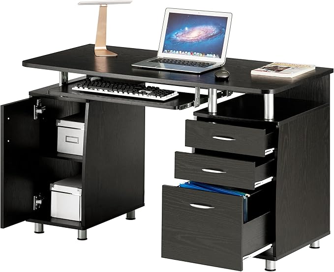 Techni Mobili 47.25" Ergonomic Computer Drawers & File Cabinet for Home Office Storage, Espresso Writing Desk