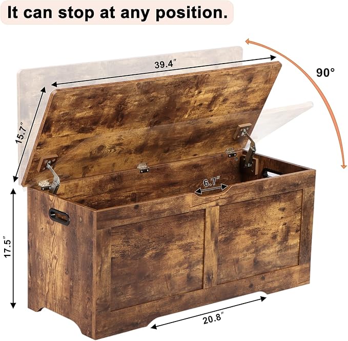 39.4" Storage Chest, Wooden Storage Bench, Lift Top Toy Chest with 2 Safety Hinges, Large Toy Box, Entryway Bench for Living Room, Bedroom, Rustic Brown