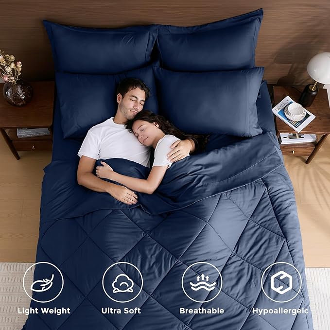 HEVUMYI Navy Blue Cali-King Comforter Set - 7-Piece All Season Bed in a Bag Cali-King, Ultra Soft Bedding Set with Comforter, Flat Sheet, Fitted Sheet, Pillowcases, Pillow Shams, Navy Blue