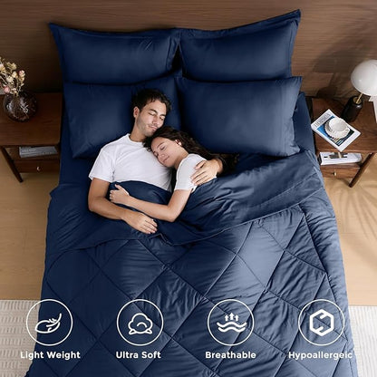 HEVUMYI Navy Blue Cali-King Comforter Set - 7-Piece All Season Bed in a Bag Cali-King, Ultra Soft Bedding Set with Comforter, Flat Sheet, Fitted Sheet, Pillowcases, Pillow Shams, Navy Blue