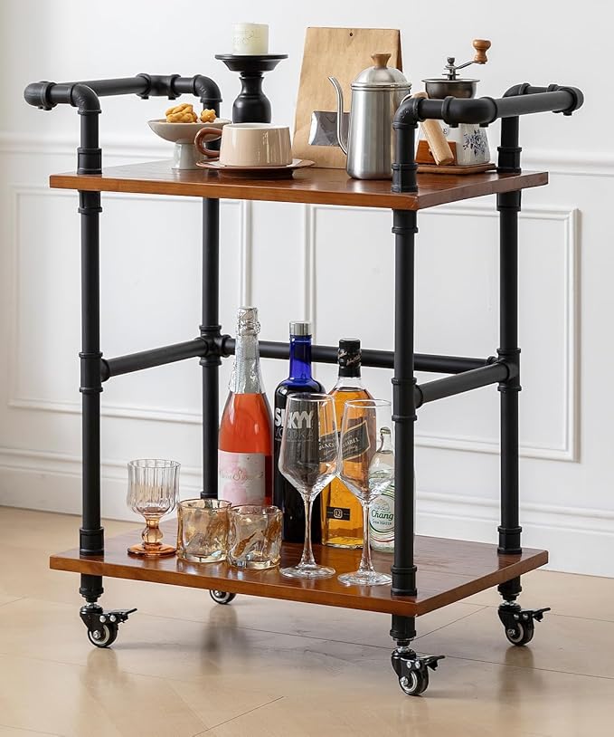 Industrial Pipe Bar Carts/Serving Carts/Kitchen Carts/Wine Rack Carts on Wheels with Shelves - Wood Rolling Carts - Wine Tea Liquor Shelves/Holder - Home Furniture (Two tiers pipe wood bar cart)