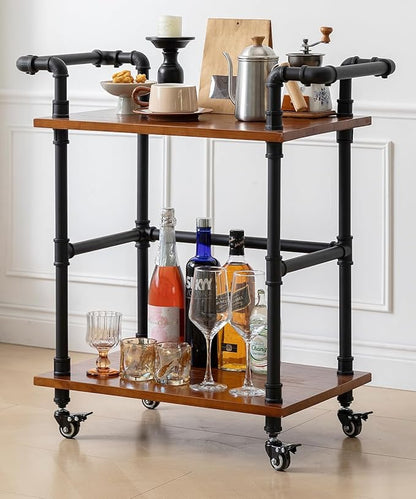 Industrial Pipe Bar Carts/Serving Carts/Kitchen Carts/Wine Rack Carts on Wheels with Shelves - Wood Rolling Carts - Wine Tea Liquor Shelves/Holder - Home Furniture (Two tiers pipe wood bar cart)