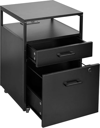 Techni Mobili Modern 2-Drawer Rolling File Cabinet with Lock, 2 USB Ports and Power Outlet for Device Charging, Portable File Organizer or Printer Stand for Office or Home with Locking Wheels, Black