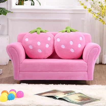 Costzon Kids Couch, Double Seat Pink Children's Sofa with 2 Strawberry Pillows, Toddler Armrest Chair for Bedroom, Living Room, Large Soft for Kids Loveseat Toy for Baby Girls Preschool Gifts Presents
