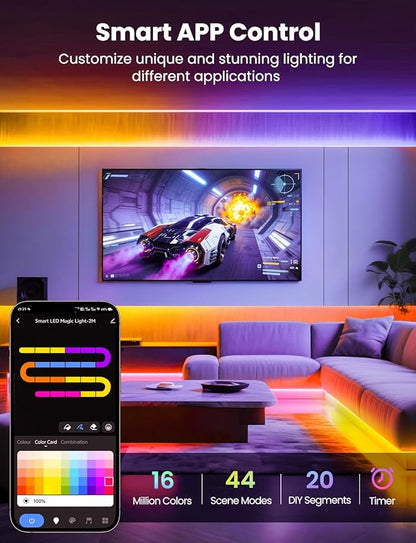 RGB+IC LED Strip Light, 6.6ft Smart LED Light for Bedroom, Bluetooth APP Control, Color Changing LED Strip Lighting, 44 Scene Modes, Music Sync, TV Backlight Behind Strip, Home Decor, Gaming Room