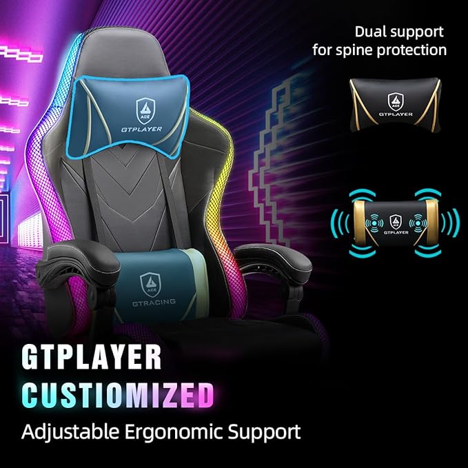 GTPLAYER Gaming Chair, RGB Gaming Chairs with LED Lights, Video Gaming Chair for Adults, Ergonomic Computer Gaming Chair with Linkage Armrest, Reclining Chair with Headrest (with Massage, Black)