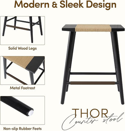 Thor Wicker Counter Height Wooden Counter Stool with Hand-Knitted Rope, K/D, Backless Island 24" Wicker Stool for Kitchen, Solid Wood, Eco-Friendly, Modern Design