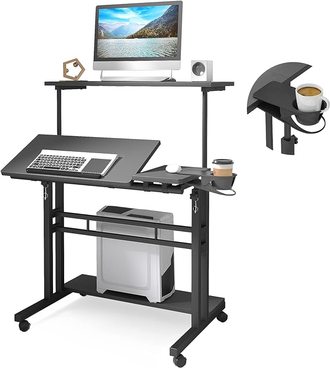 Mobile Standing Desk, Adjustable Rolling Computer Desk with 3 Desktops, Portable Laptop Table with Cup Holder, Home Office Laptop Workstation on Lockable Wheels, Black