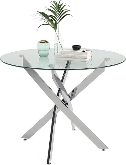 Round Tempered Glass Dining Table for 2-4 with Chromed Legs, 35.5 in Modern Small Kitchen Table for Kitchen Dining Room (White/Silver)